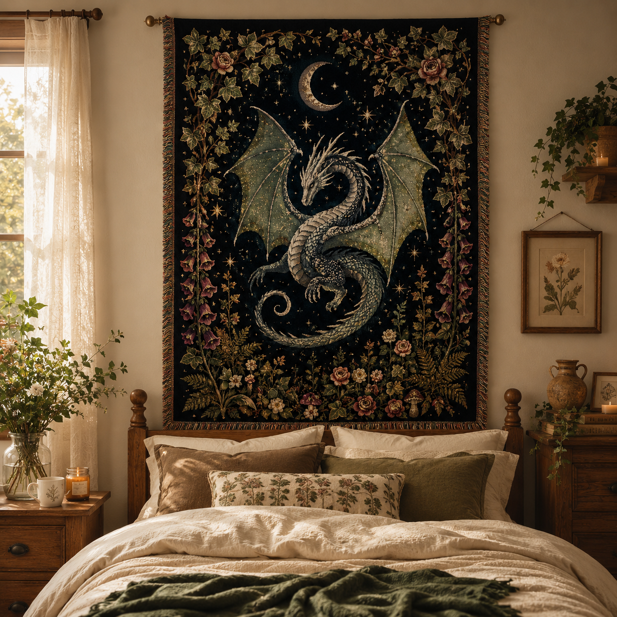 Moonlit dragon woven tapestry blanket styled above a cozy cottage bed