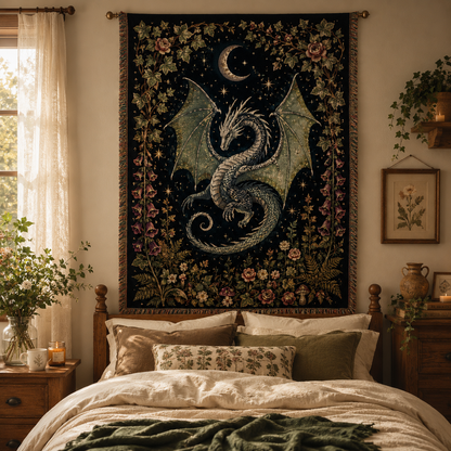 Moonlit dragon woven tapestry blanket styled above a cozy cottage bed