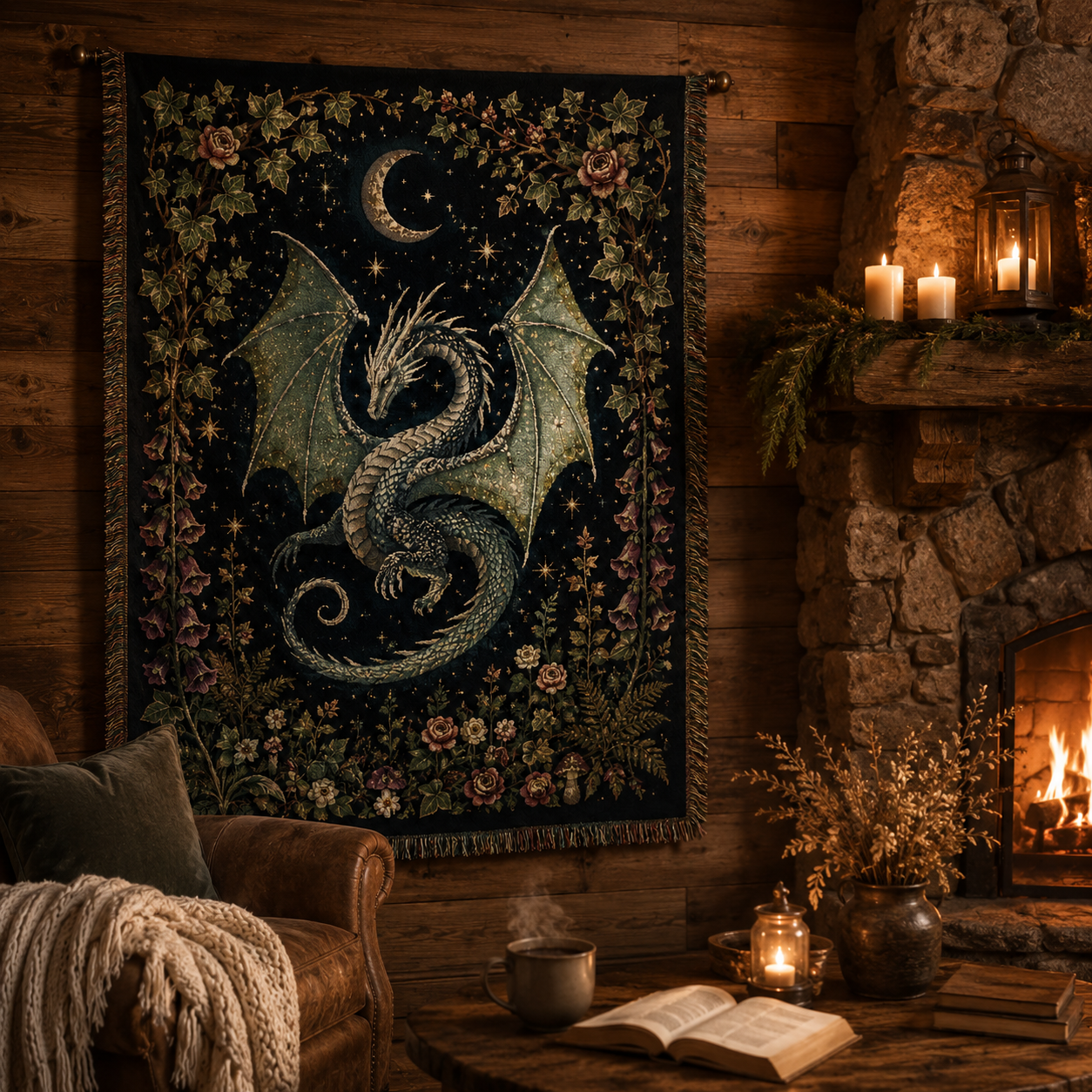 Silver teal dragon woven tapestry blanket styled beside a rustic fireplace