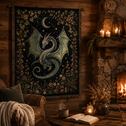 Silver teal dragon woven tapestry blanket styled beside a rustic fireplace
