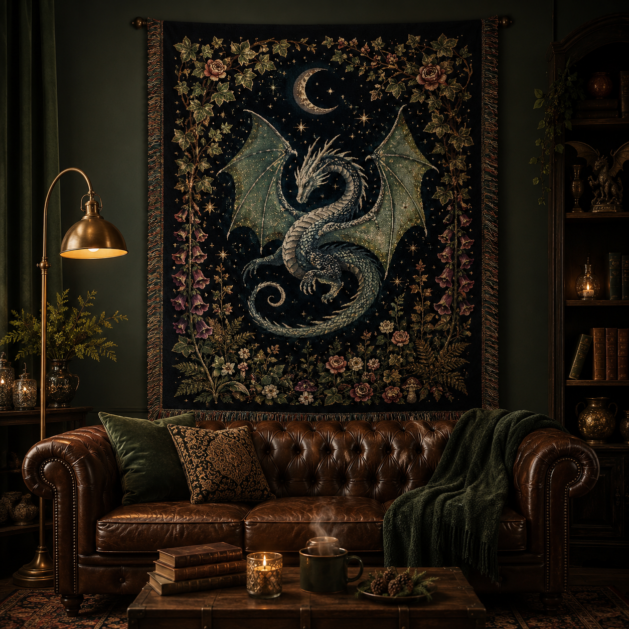 Fantasy dragon woven tapestry blanket displayed above a leather sofa