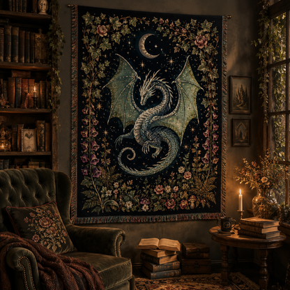 Celestial dragon woven tapestry in a dark academia reading nook
