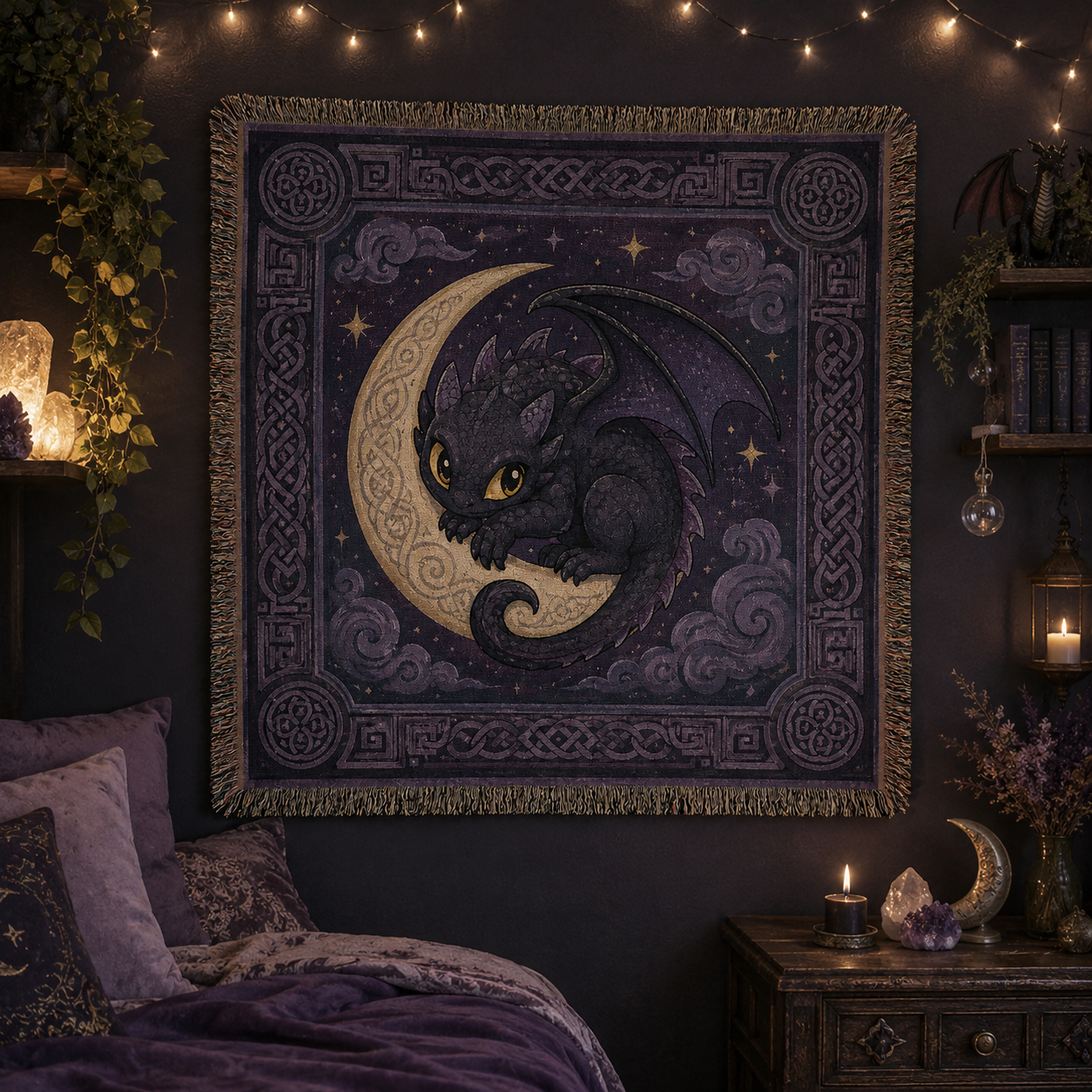 Moonlit baby dragon woven blanket displayed as a Celtic fantasy wall tapestry