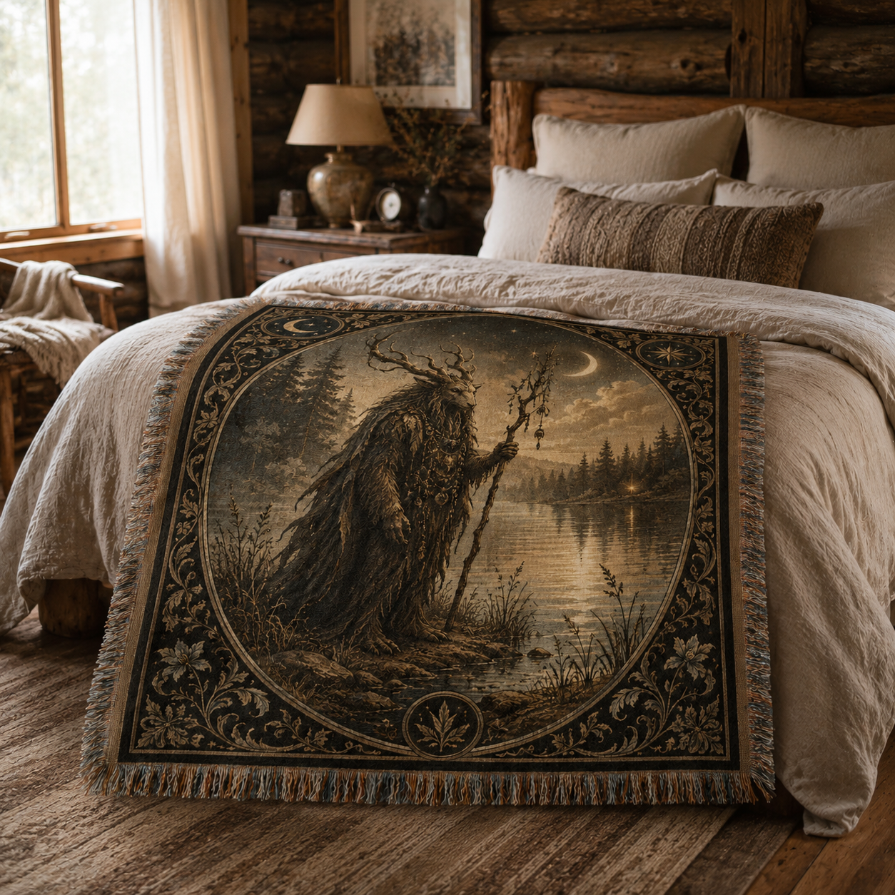 Moonlit Forest Guardian woven blanket styled across a rustic bedroom bed