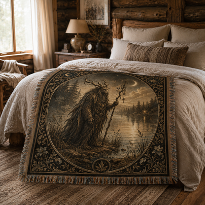Moonlit Forest Guardian woven blanket styled across a rustic bedroom bed