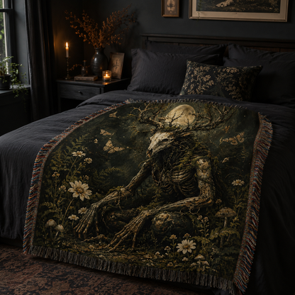 Gothic forest guardian woven blanket styled across a dark bedroom bed