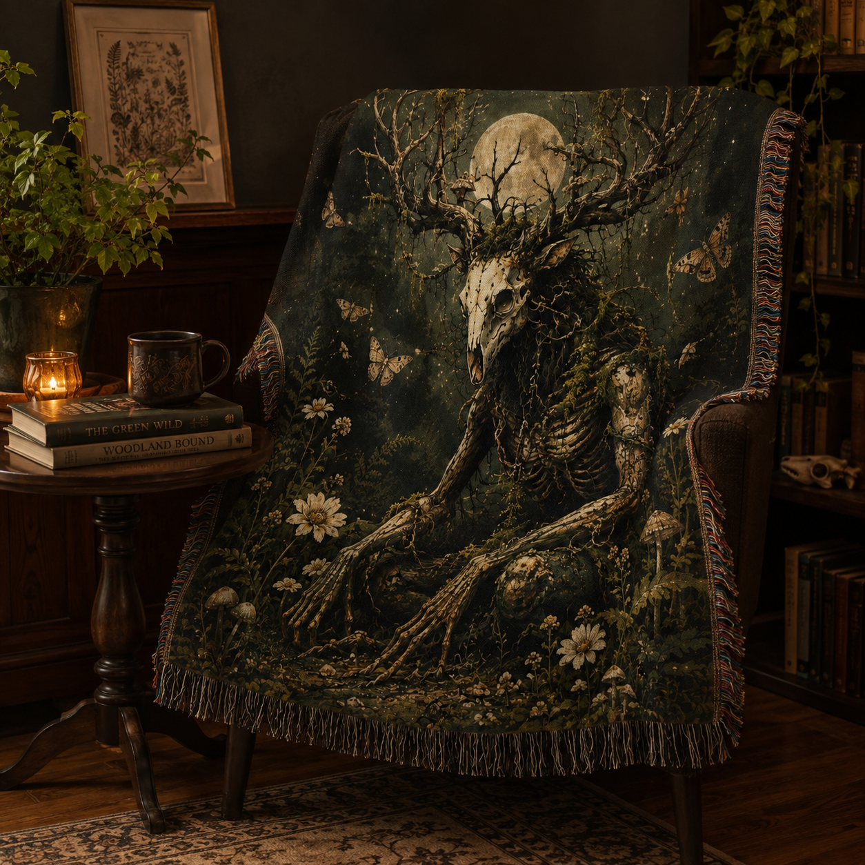 Woodland guardian woven throw blanket styled on a cozy dark academia reading chair