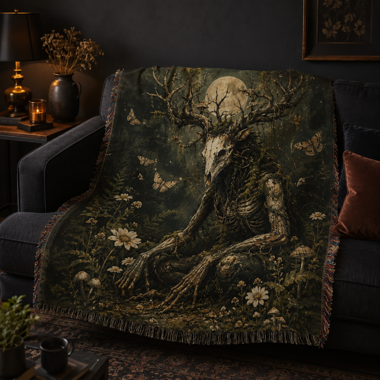 Dark woodland forest guardian woven throw blanket draped on a charcoal sofa