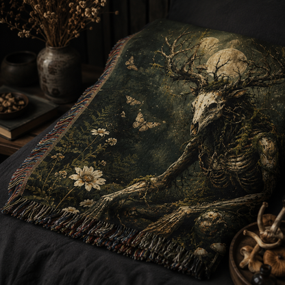 Close-up of moonlit forest guardian woven blanket texture, fringe, moths and flowers