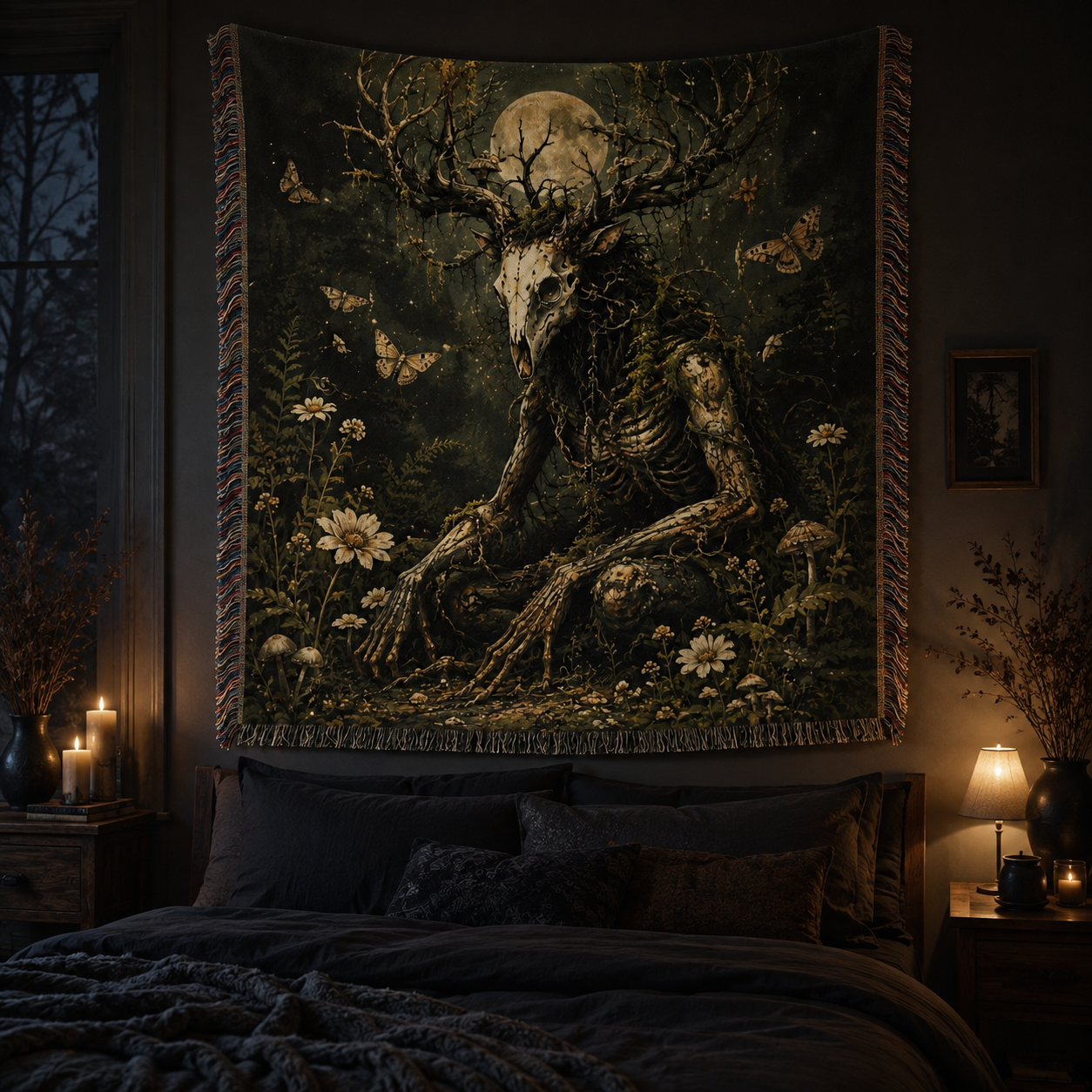 Moonlit antlered forest spirit woven blanket displayed as gothic wall decor