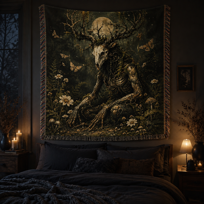 Moonlit antlered forest spirit woven blanket displayed as gothic wall decor