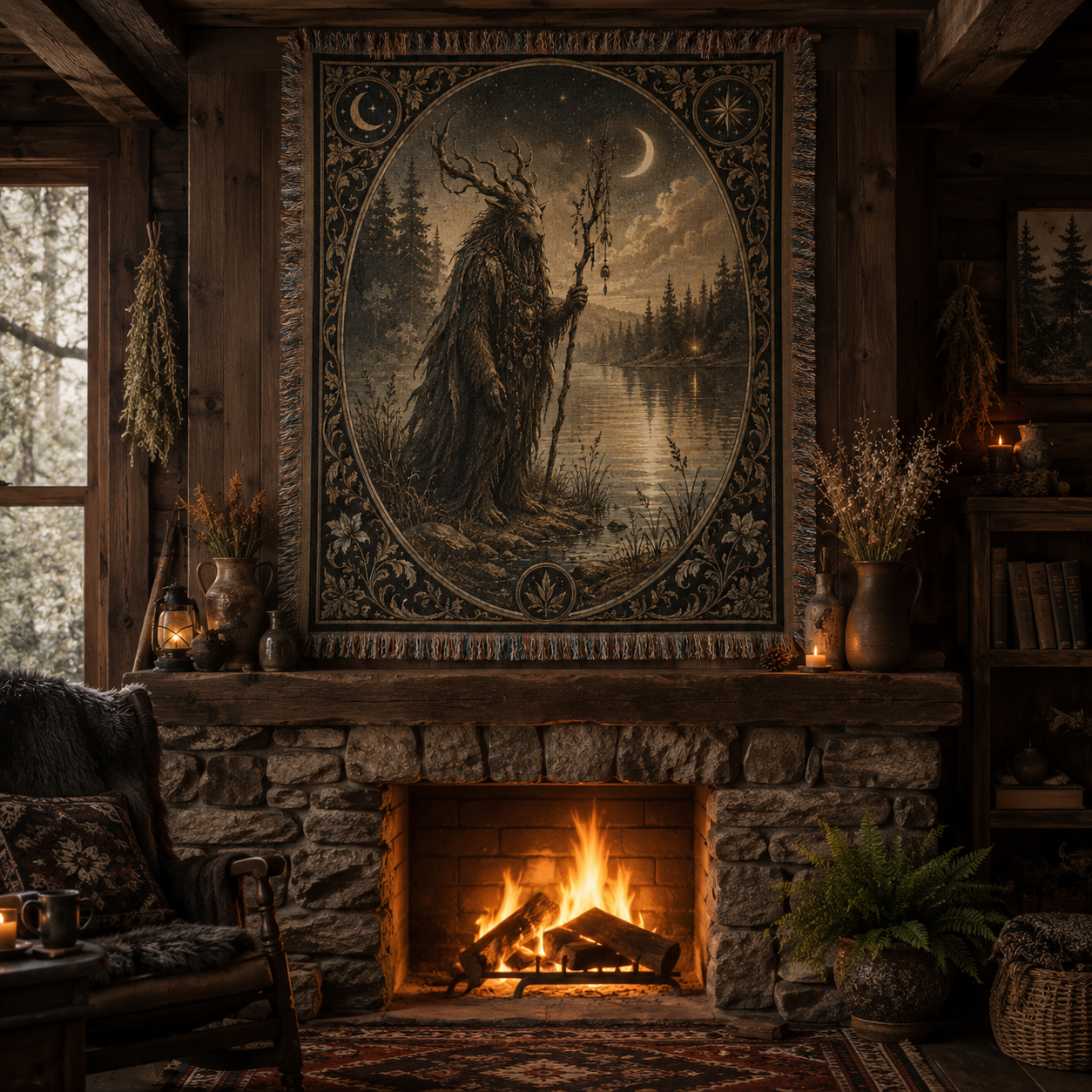 Moonlit Forest Guardian woven tapestry displayed above a stone fireplace