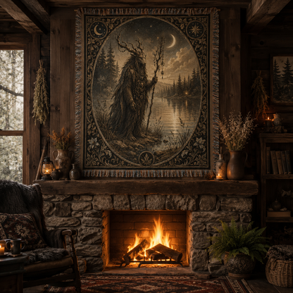 Moonlit Forest Guardian woven tapestry displayed above a stone fireplace