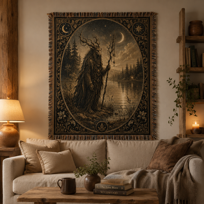 Moonlit Forest Guardian woven tapestry displayed above a rustic living room sofa