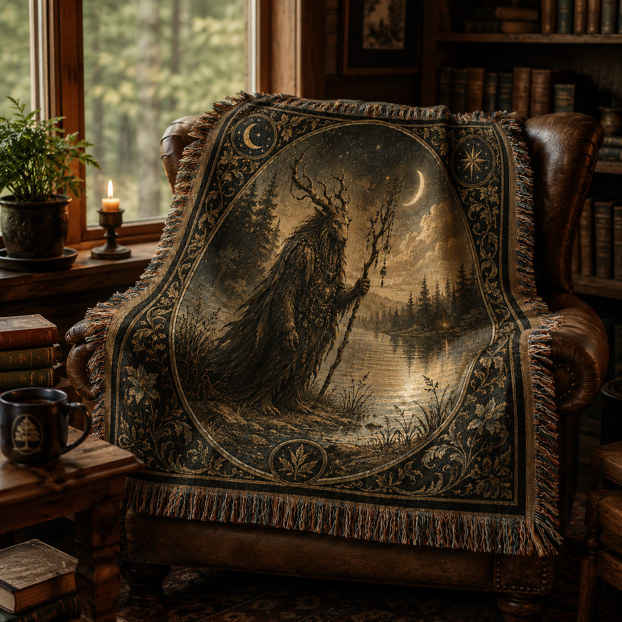 Moonlit Forest Guardian woven blanket draped over a vintage reading chair
