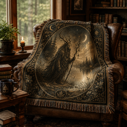 Moonlit Forest Guardian woven blanket draped over a vintage reading chair