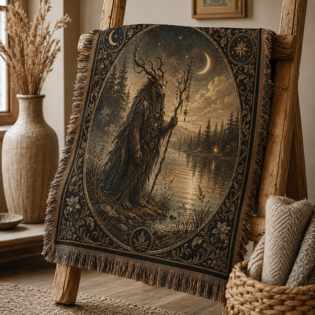 Moonlit Forest Guardian woven blanket displayed on a rustic ladder with visible fringe