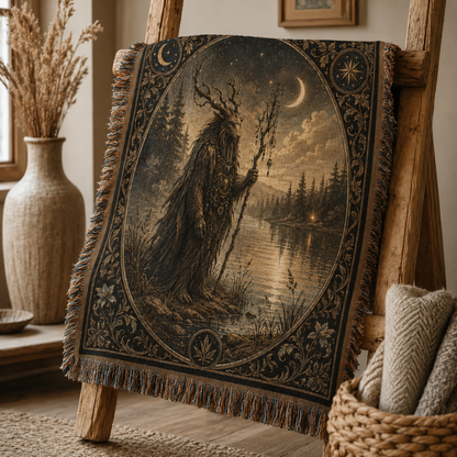 Moonlit Forest Guardian woven blanket displayed on a rustic ladder with visible fringe