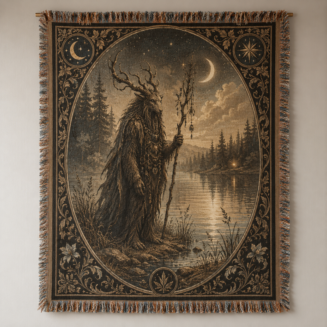 Moonlit Forest Guardian woven tapestry blanket hanging on a neutral wall