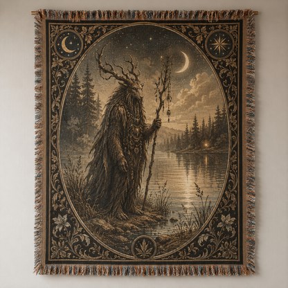 Moonlit Forest Guardian woven tapestry blanket hanging on a neutral wall