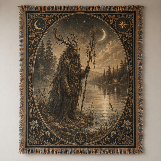 Moonlit Forest Guardian woven tapestry blanket hanging on a neutral wall