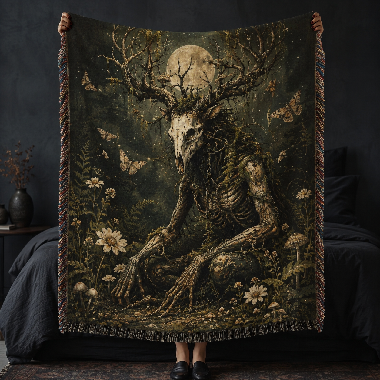Moonlit forest guardian woven throw blanket with antlered skull spirit, moths and wildflowers