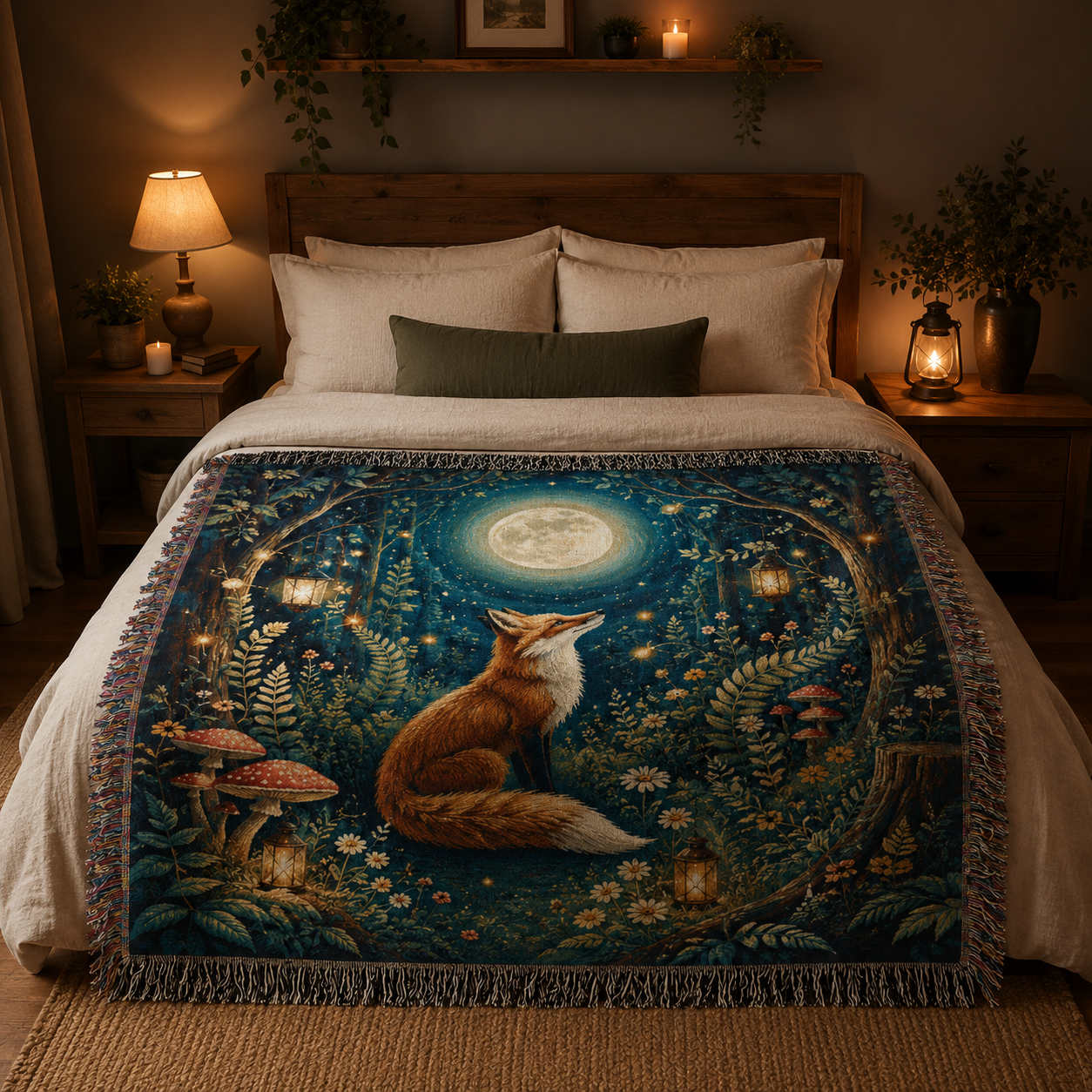Moonlit fox woven blanket displayed across a cozy bed