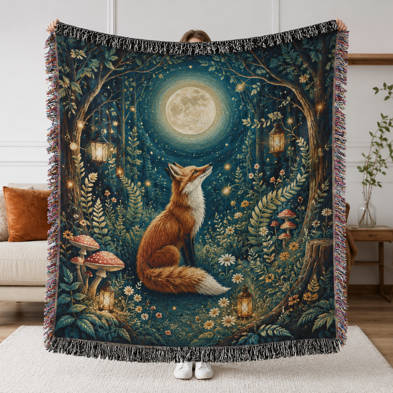 Moonlit fox woven blanket with glowing forest lanterns and full moon