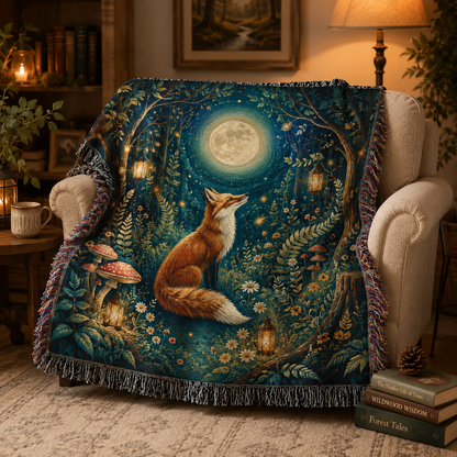 Moonlit fox woven blanket in a warm reading nook