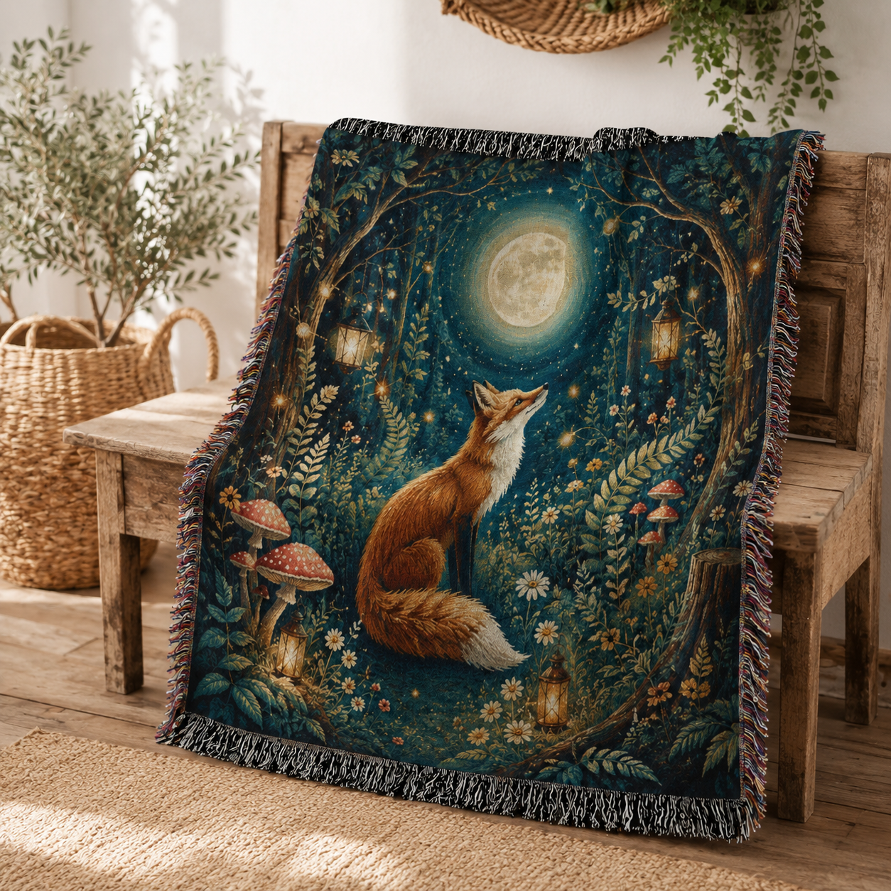 Moonlit fox woven blanket draped over a rustic wooden bench