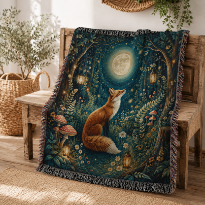 Moonlit fox woven blanket draped over a rustic wooden bench
