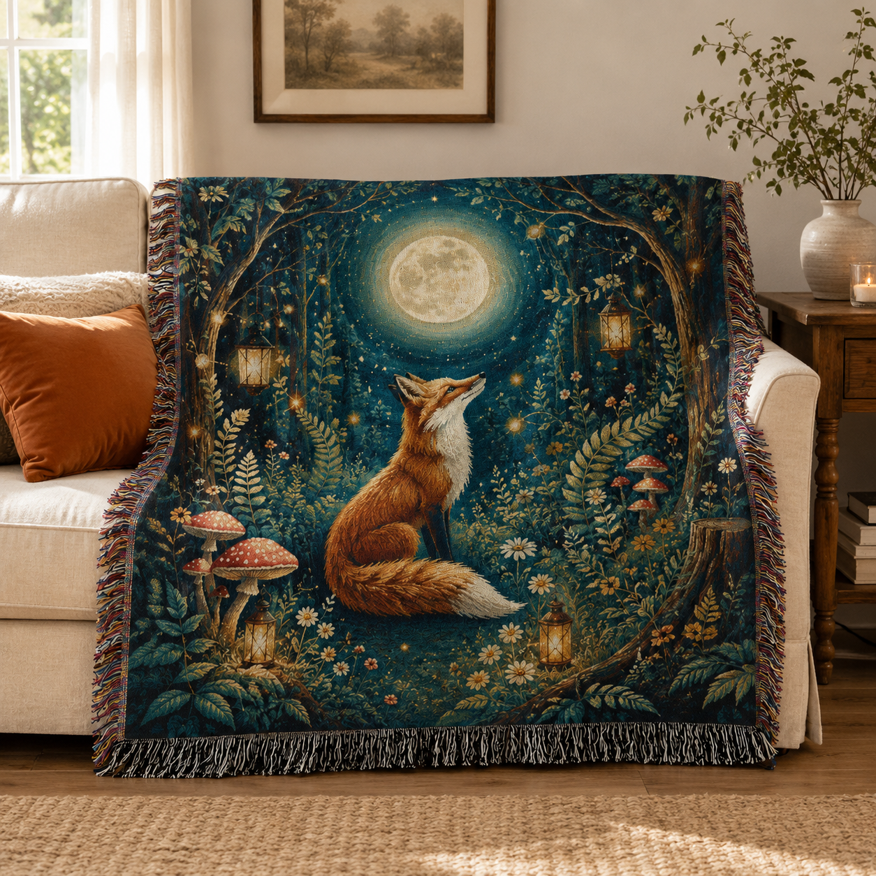 Moonlit fox woven blanket styled on a cream sofa