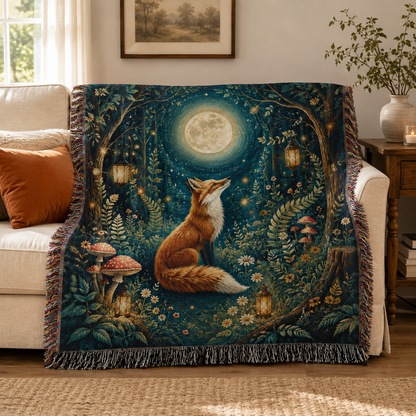Moonlit fox woven blanket styled on a cream sofa
