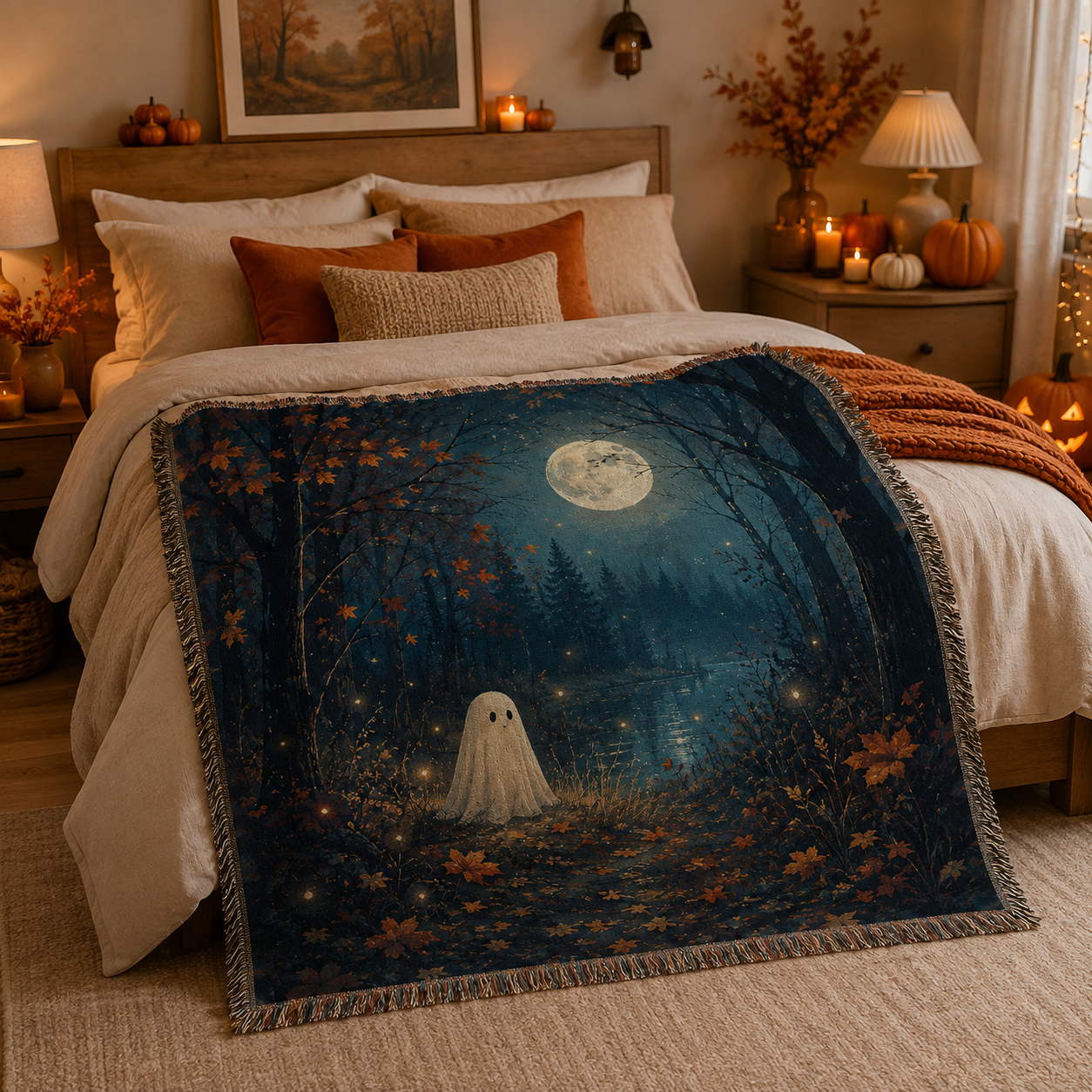 Moonlit ghost forest woven blanket styled across a cozy autumn bedroom bed