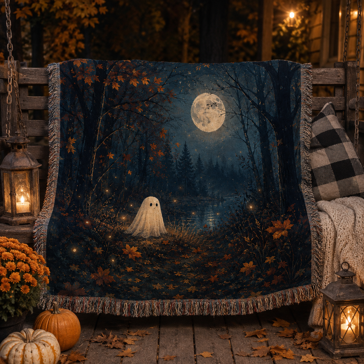 Moonlit ghost forest woven blanket displayed on a rustic Halloween porch swing