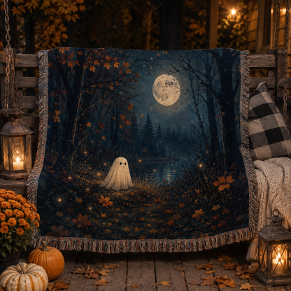 Moonlit ghost forest woven blanket displayed on a rustic Halloween porch swing