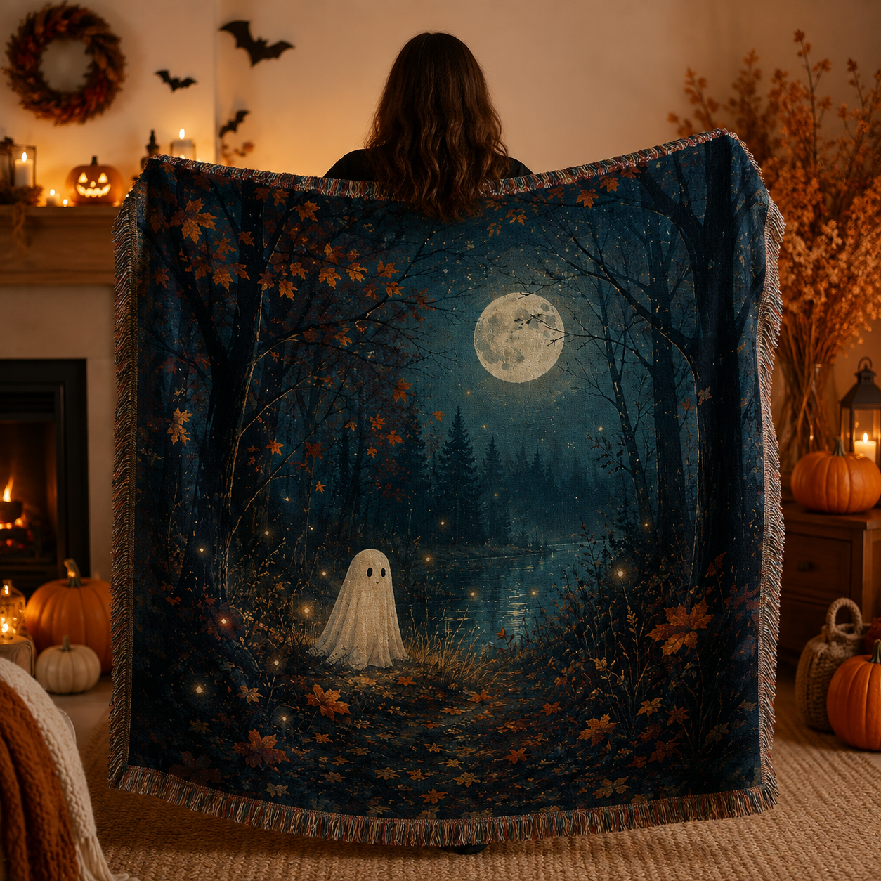 Moonlit ghost forest woven blanket held up in a warm Halloween home interior