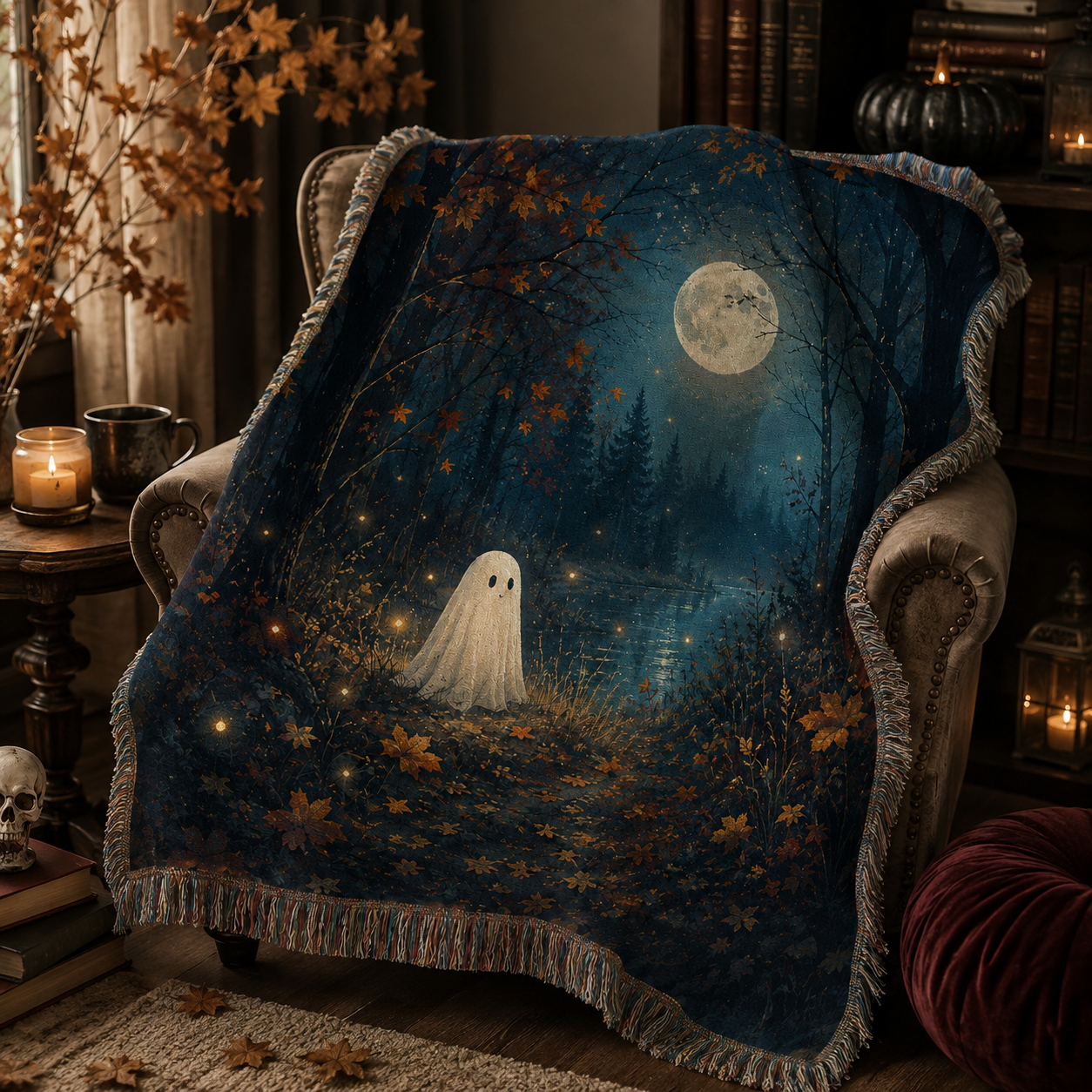 Moonlit ghost forest Halloween woven blanket displayed in a cozy reading nook