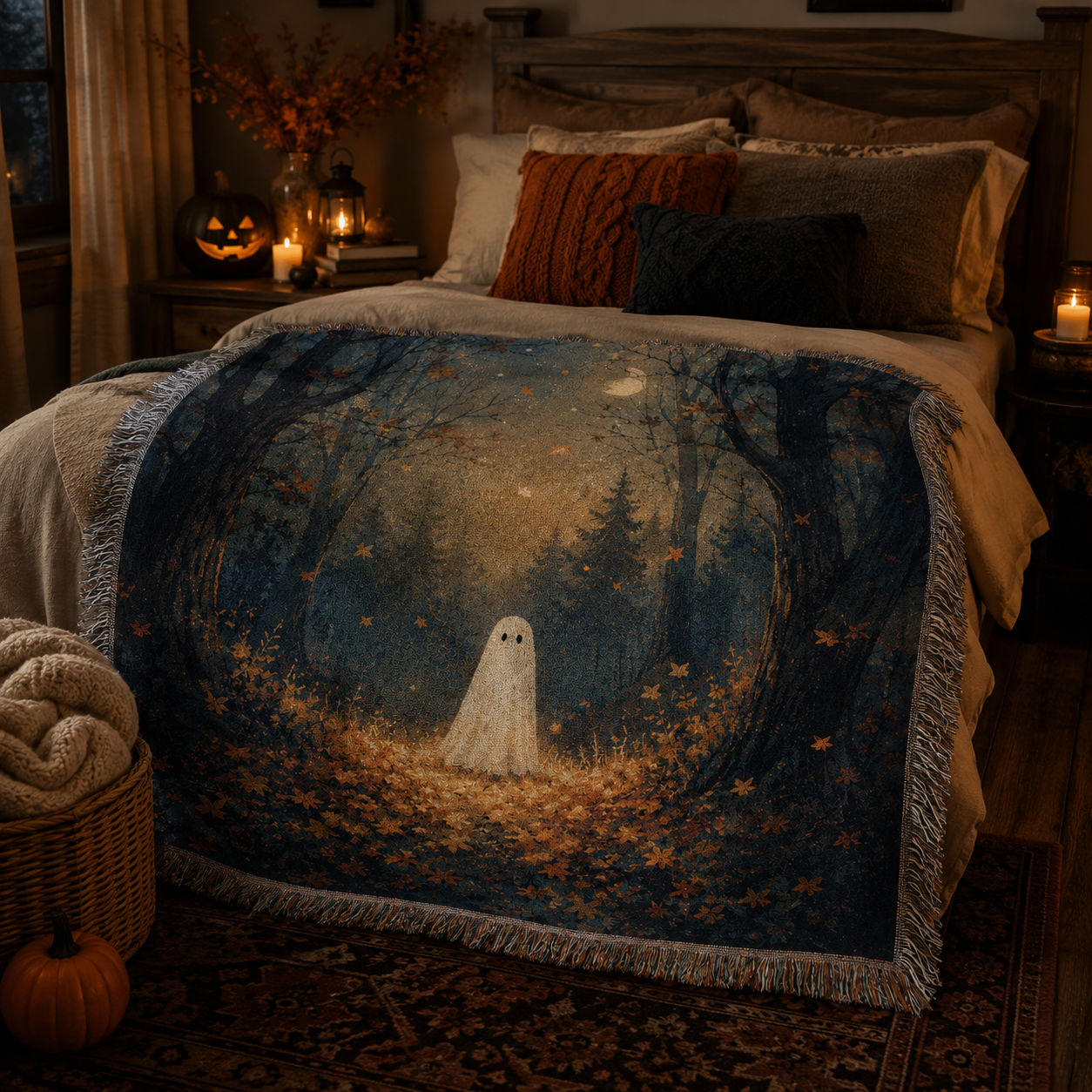 Moonlit ghost forest woven blanket styled softly across a Halloween bedroom bed