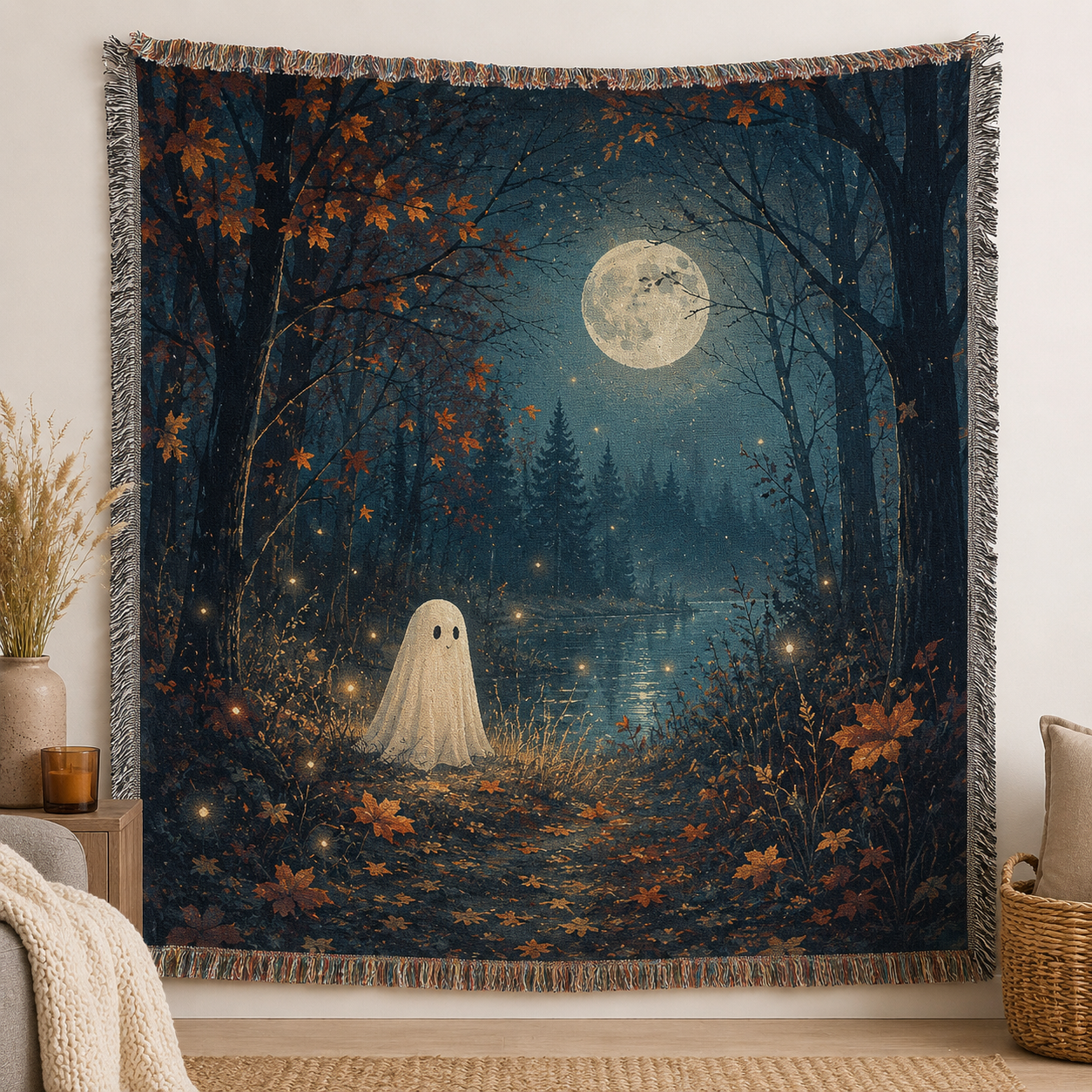 Moonlit ghost forest woven blanket with full moon, autumn leaves and fringe