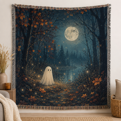 Moonlit ghost forest woven blanket with full moon, autumn leaves and fringe