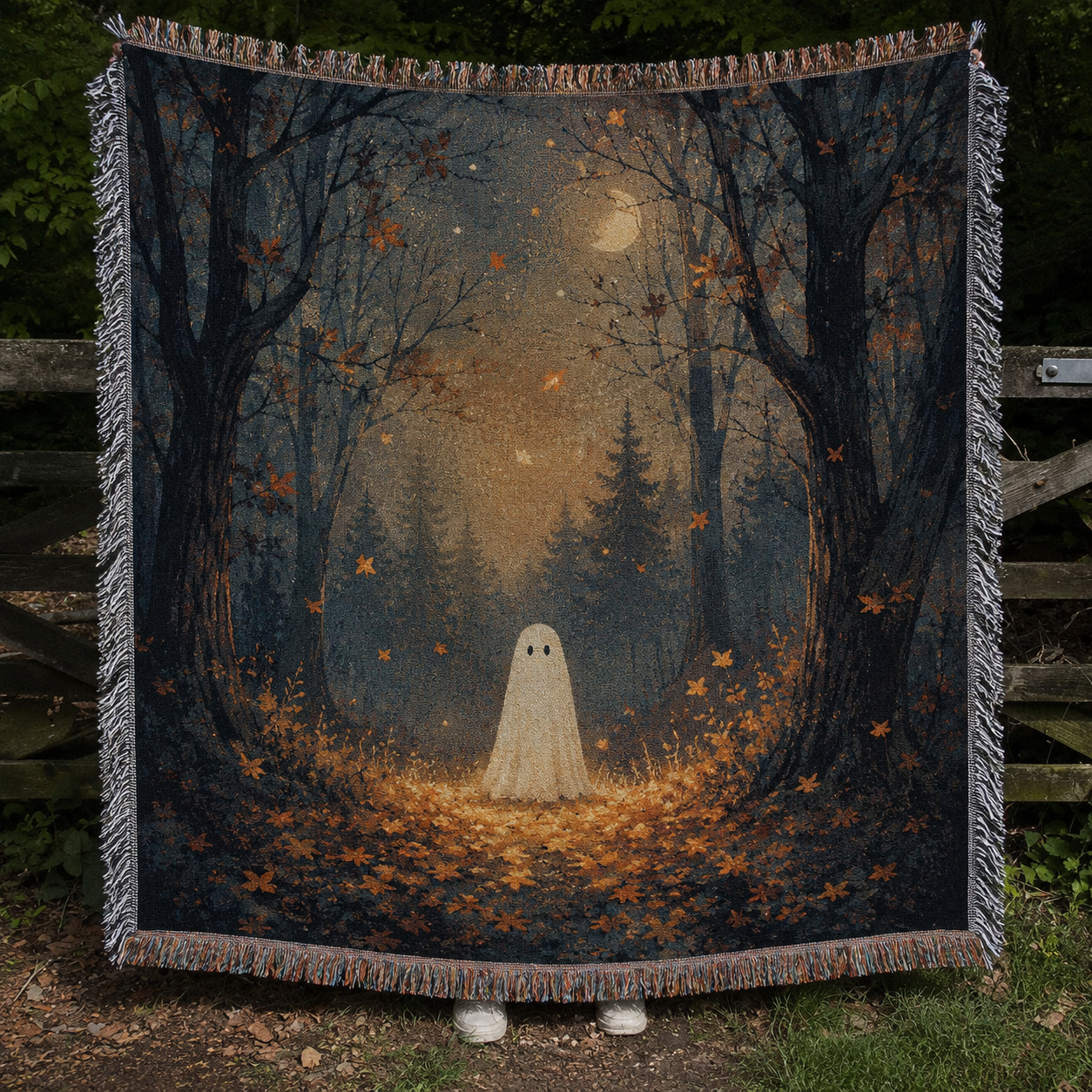 Moonlit ghost forest woven blanket with autumn leaves and fringe