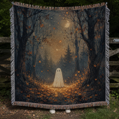 Moonlit ghost forest woven blanket with autumn leaves and fringe