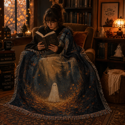 Reader wrapped in a soft moonlit ghost forest woven blanket for Halloween