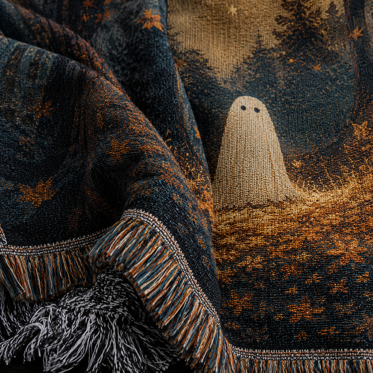 Macro detail of moonlit ghost forest woven blanket texture and fringe