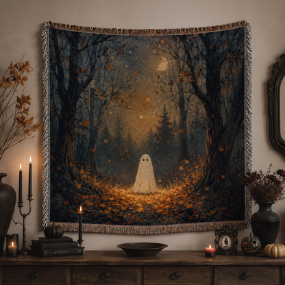 Moonlit ghost forest woven blanket displayed as Halloween wall decor