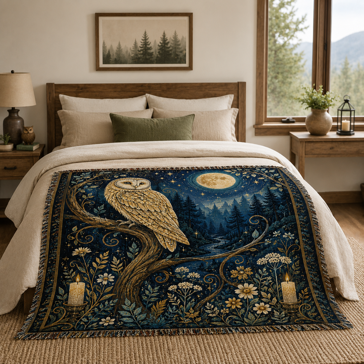 Moonlit golden owl woven blanket displayed across the foot of a rustic bedroom bed