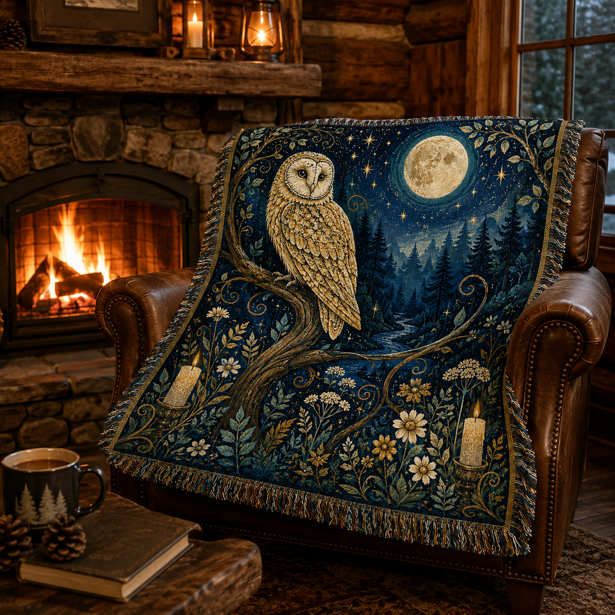 Moonlit golden owl woven blanket on a leather chair beside a rustic cabin fireplace