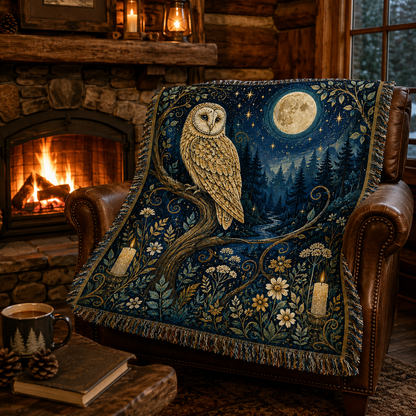 Moonlit golden owl woven blanket on a leather chair beside a rustic cabin fireplace