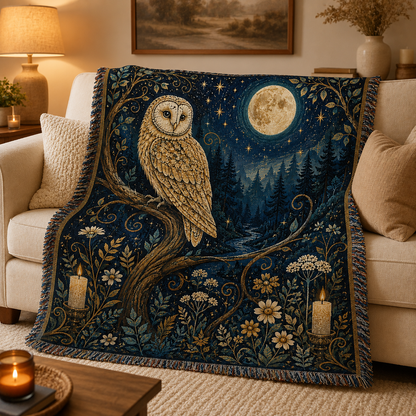 Moonlit golden owl woven blanket styled on a cream sofa in a cozy living room